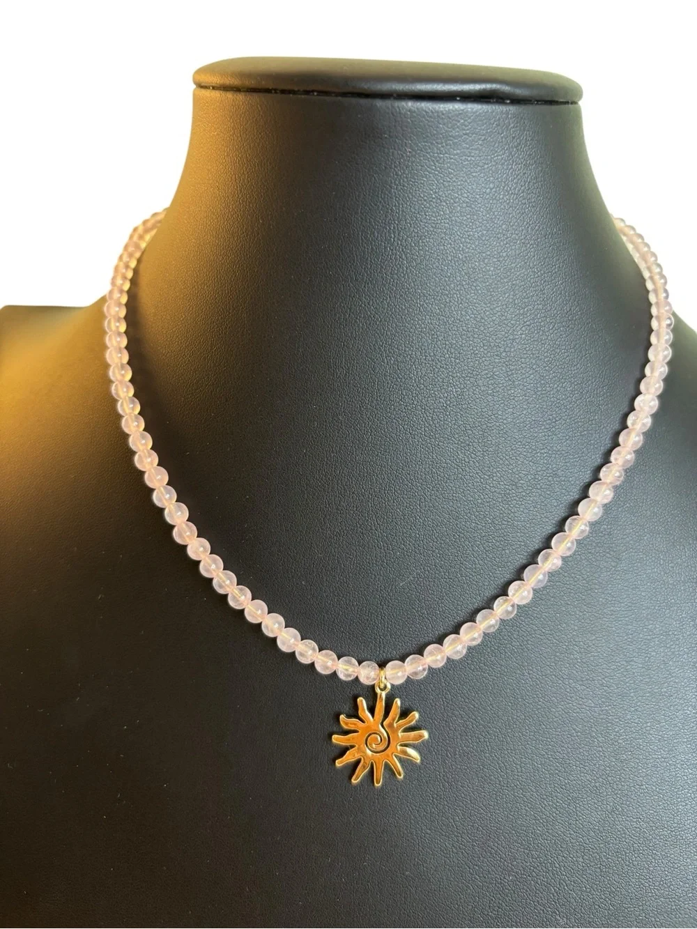 Luna Norte Genuine Rose Quartz Beaded Necklace w/ Brass Sun Pendant.
